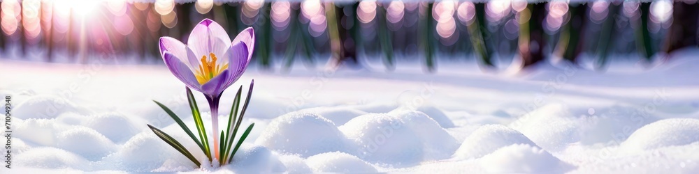 Photorealistic banner first spring flower bloomed among snow on blurred forest background, background for design for Valentine's Day or Women's Day, place for text Photorealistic banner first spring flower bloomed among snow on blurred forest background, background for design for Valentine's Day or Women's Day, place for text