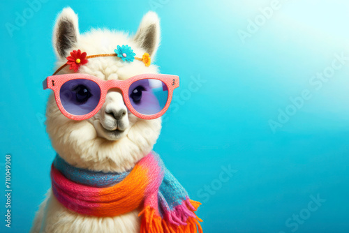 Cute stylish funny llama wear sunglasses on solid blue bright background. ai generative photo
