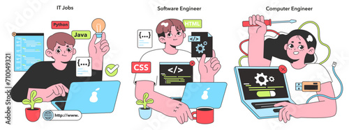 Vibrant vector illustration capturing IT professionals in their element, from coding in Python to engineering computers, embodying the spirit of tech innovation.