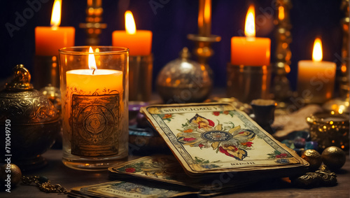 Tarot cards, candles background spiritual