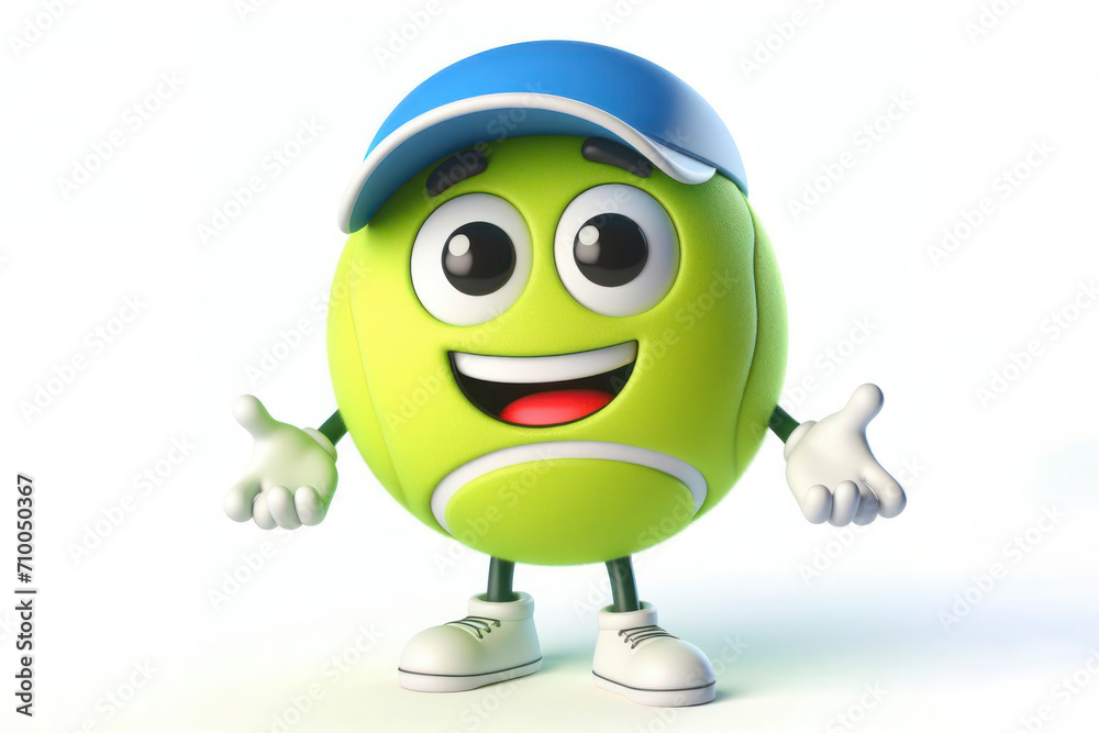 Happy Tennis Ball 3d style cartoon character on solid white background. ai generative