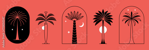 Palm tree thin line icon abstract design summer logo template modern minimal linear emblem for vacations rentals and travel services. Vector illustration
