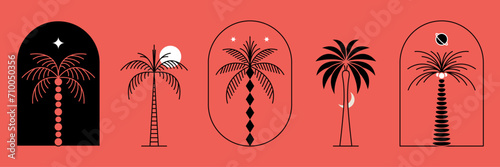 Palm tree thin line icon abstract design summer logo template modern minimal linear emblem for vacations rentals and travel services. Vector illustration