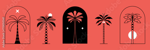 Palm tree thin line icon abstract design summer logo template modern minimal linear emblem for vacations rentals and travel services. Vector illustration