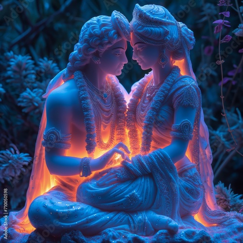 statue of couple of Indian lovers, Radha and Krishna, surrounded by fluorescent neon and bright colors