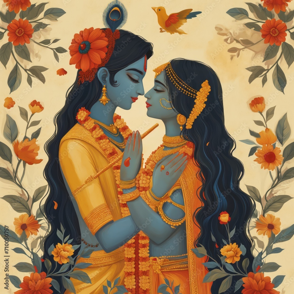 Indian lovers, radha, krishna, deva, illustration flat design style
