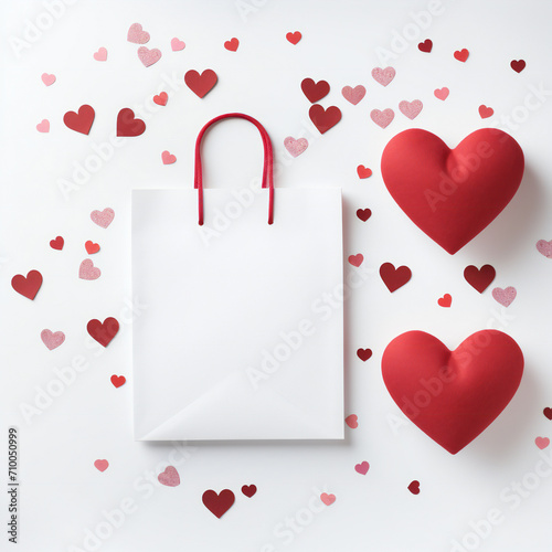 Valentine's Day background. White paper bag, red hearts and gift on white background. Valentine day concept Generative Ai
