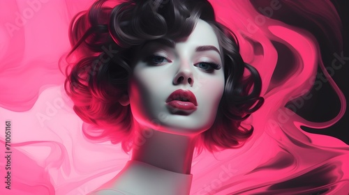 A Woman Engulfed in a Swirl of Pink Mystique, A Surreal Portrait of a Beautiful Woman Amidst Swirling Pink Hues. Generative AI