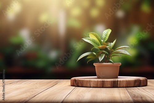 The wooden platform and the plant in the background create a serene and inviting atmosphere. Created with generative AI tools © Oleksii