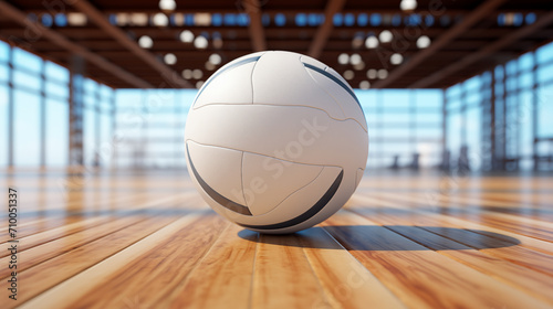 A white volleyball ball lies on the court on a wooden court with blurred windows in the background