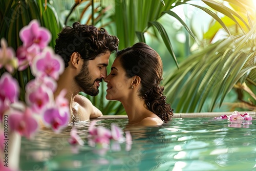 A couple man and woman enjoying a romantic spa day in a tropical spa with many orchids pink flowers