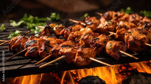 Chicken tikka kabab on charcoal flame grill. Professional closeup photography, studio shot background. Generative AI