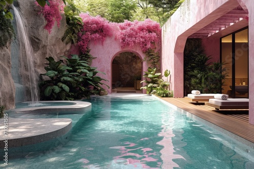  tropical pink house with pool surrounded by green forest © AI Exclusive 