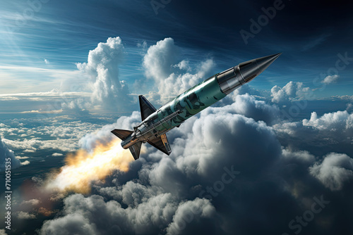 A cancer flying in the sky above the clouds. A rocket is flying in the sky. Close-up. photo