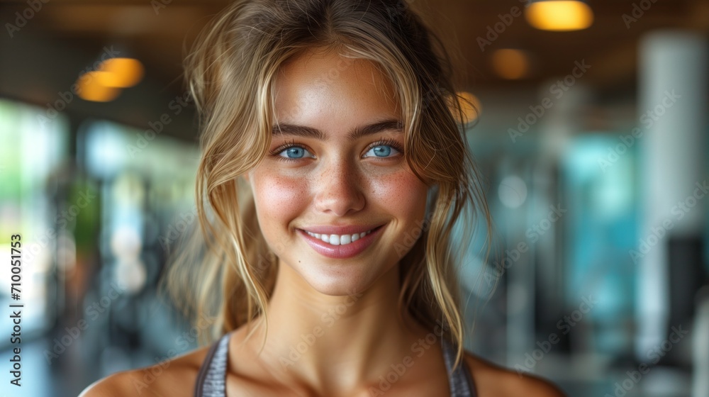 Close-up portrait of a cheerful smiling girl in the gym wearing crop top, blonde hair. charming smile