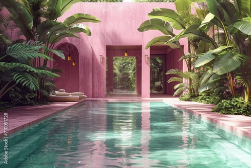 A luxury tropical pink villa with pool surrounded by  green palm © AI Exclusive 