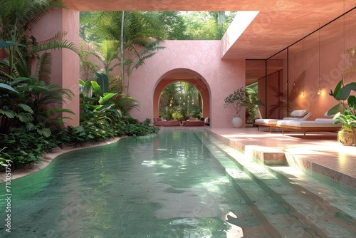 Pink tropical villa with pool surrounded by  green forest © AI Exclusive 