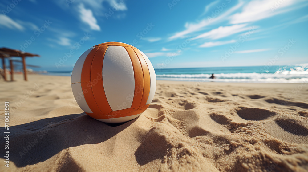 A white-orange volleyball lies on a sandy beach