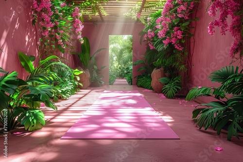 Fototapeta Naklejka Na Ścianę i Meble -  pink spa villa surrounded by tropical  orchids flowers