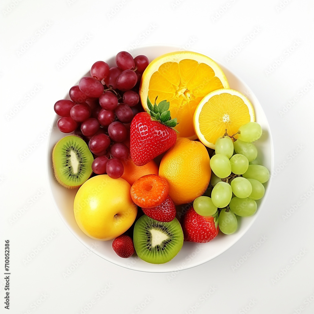 a white bowl with fresh fruits, white background created with Generative Ai a white bowl with fresh fruits, white background created with Generative Ai