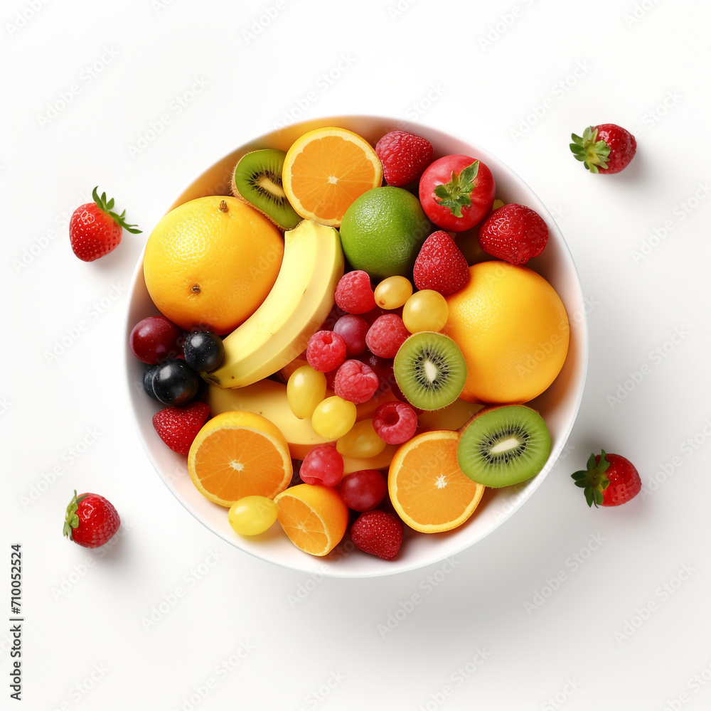 a white bowl with fresh fruits, white background created with Generative Ai