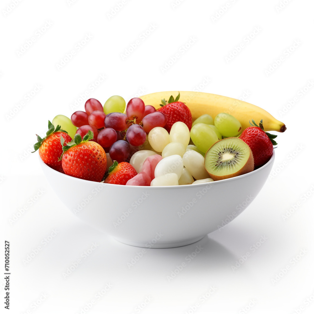 a white bowl with fresh fruits, white background created with Generative Ai a white bowl with fresh fruits, white background created with Generative Ai