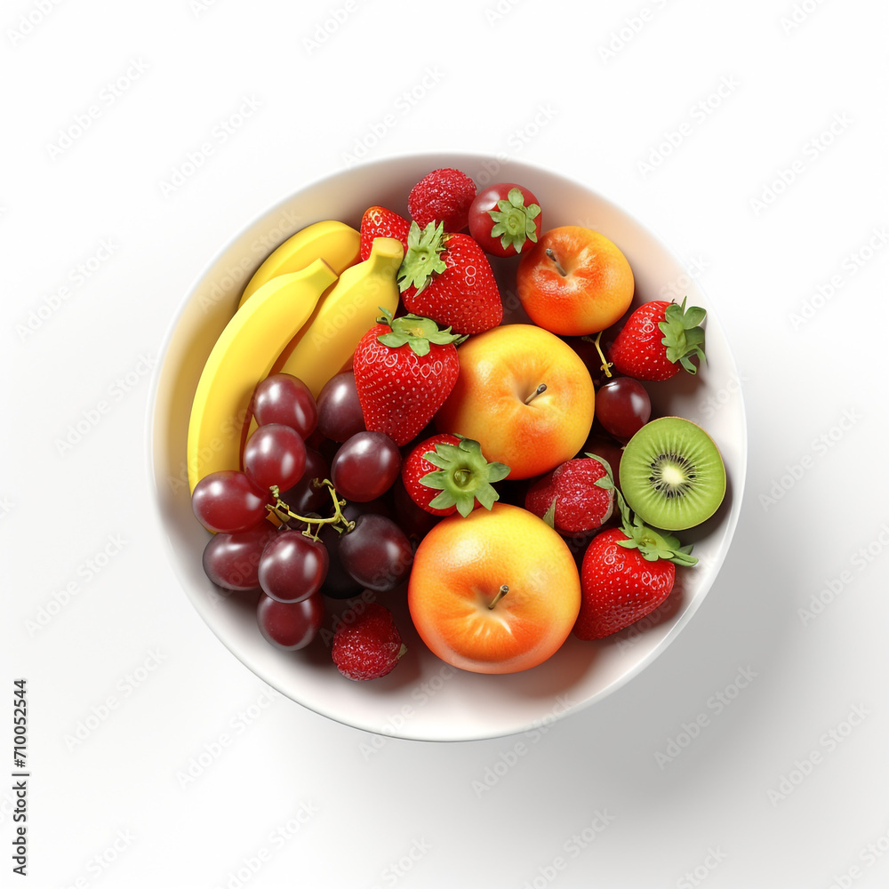 a white bowl with fresh fruits, white background created with Generative Ai a white bowl with fresh fruits, white background created with Generative Ai