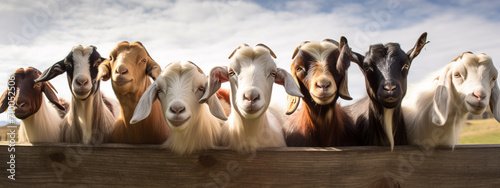 goats on a farm, nature, in a meadow. Goats look at the viewer.Generative AI