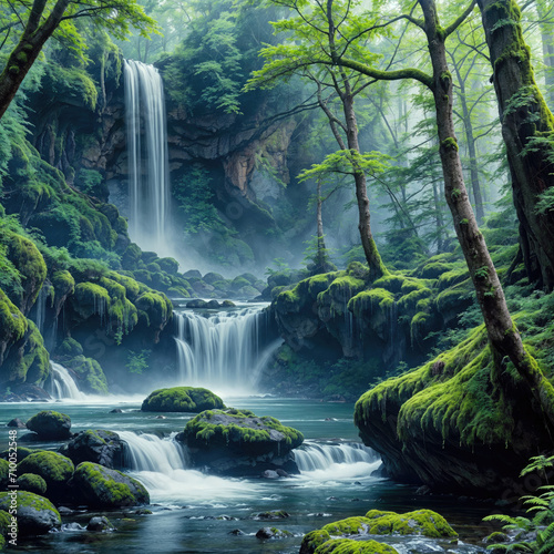 Peaceful and Idyllic landscape of cascading waterfalls in a green spring forest with moss covered rocks and boulders. 
