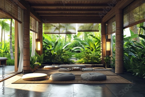 tropical spa lounge with green forest view