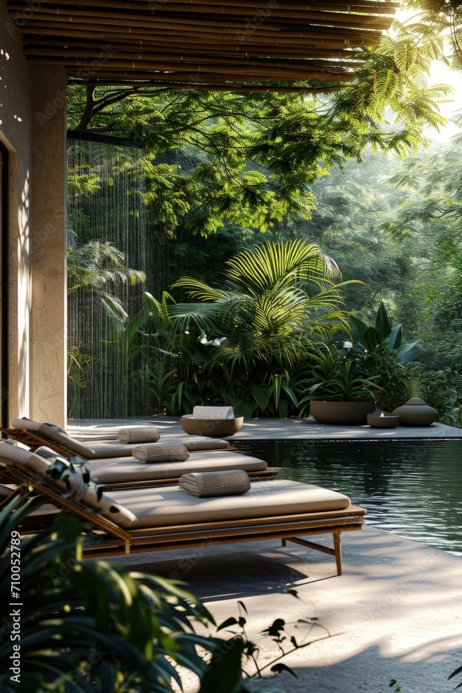 An open-air spa lounge with a tropical view 