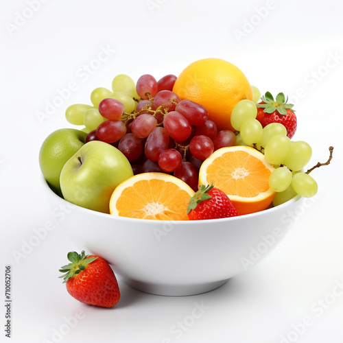 a white bowl with fresh fruits, white background created with Generative Ai