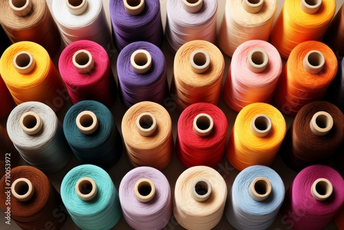 different color spools of thread for the textile industry. background. Sewing threads in different colors. Rows of colorful sewing thread. Large group of variation colourful sewing thread spool 