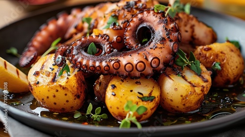 Grilled octopus with potato. Generative AI.