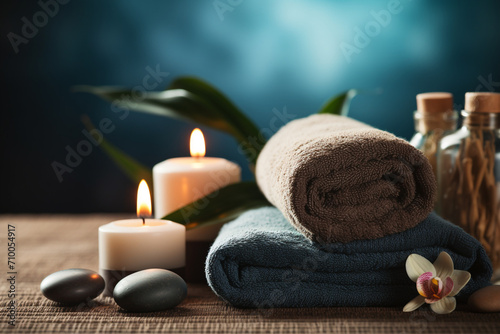 studio closeup image of candles stones and towels, Spa theme created with Generative Ai