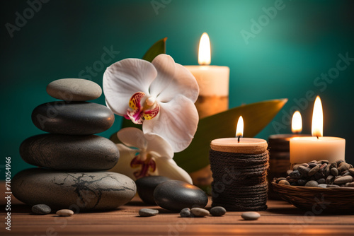 studio closeup image of candles stones and towels  Spa theme created with Generative Ai