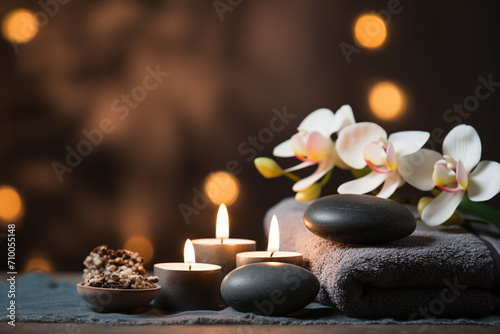 studio closeup image of candles stones and towels  Spa theme created with Generative Ai