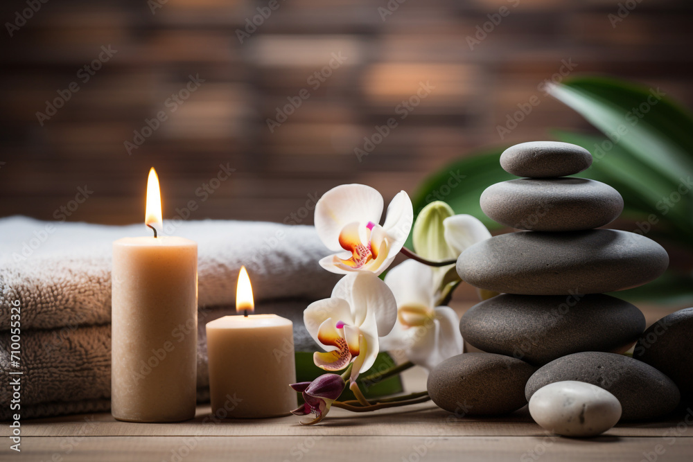 studio closeup image of candles stones and towels, Spa theme created with Generative Ai studio closeup image of candles stones and towels, Spa theme created with Generative Ai