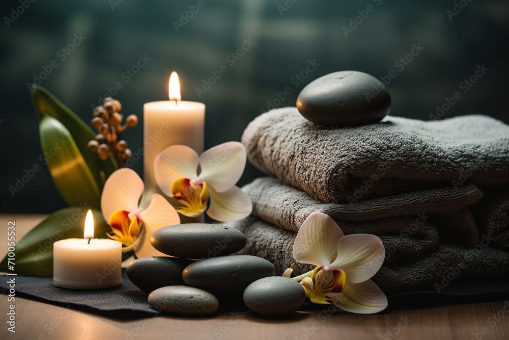 studio closeup image of candles stones and towels, Spa theme created with Generative Ai studio closeup image of candles stones and towels, Spa theme created with Generative Ai