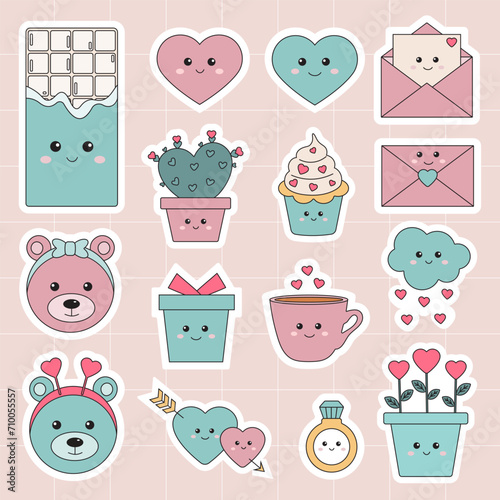 Love Valentines day, White day stickers pack in cute pastel kawaii style, romantic badge pack. Letter, heart, plant, cupcake, chocolate, flower, cactus, emoji for scrapbooking, daily planner, diary.