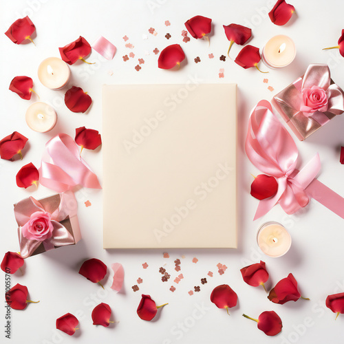 Valentine's Day. Frame made of rose flowers, gifts, candles, confetti on white background. Valentines day background. Flat lay, top view, copy space. Generative AI
