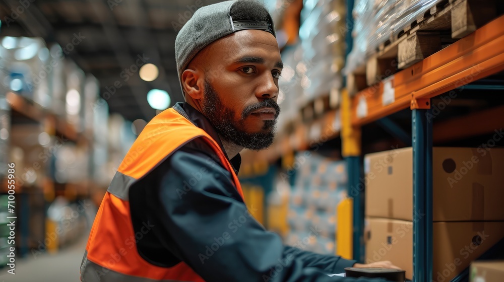 A male warehouse worker checking orders at computer workstation in warehouse. Generative AI. A male warehouse worker checking orders at computer workstation in warehouse. Generative AI.