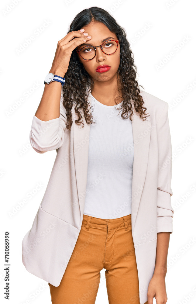 Young african american girl wearing business clothes worried and stressed about a problem with hand on forehead, nervous and anxious for crisis Young african american girl wearing business clothes worried and stressed about a problem with hand on forehead, nervous and anxious for crisis