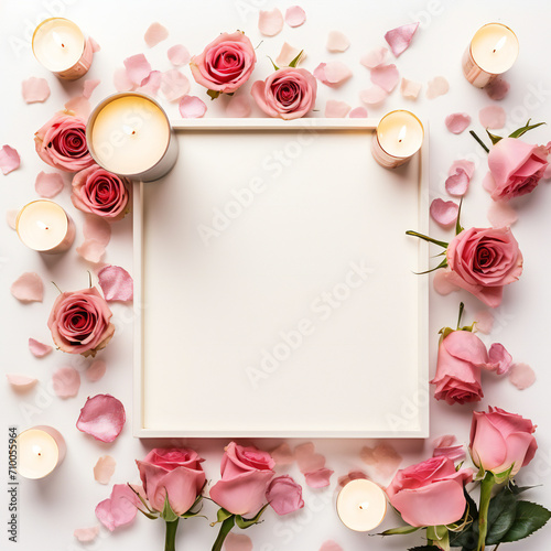 Valentine's Day. Frame made of rose flowers, gifts, candles, confetti on white background. Valentines day background. Flat lay, top view, copy space. Generative AI