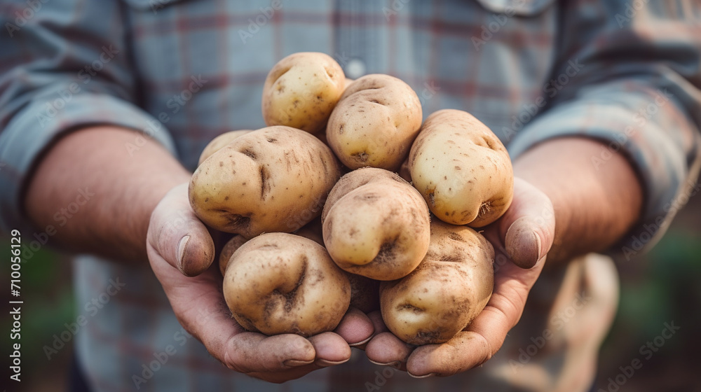 close-up of potatoes in hands. harvest on the farm.Generative AI close-up of potatoes in hands. harvest on the farm.Generative AI
