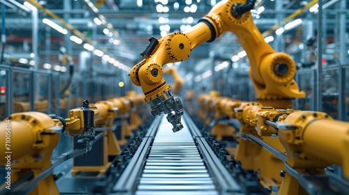 Robot assembly line in a factory, Automotive industry, Electric car industrial production conveyor. Generative AI.