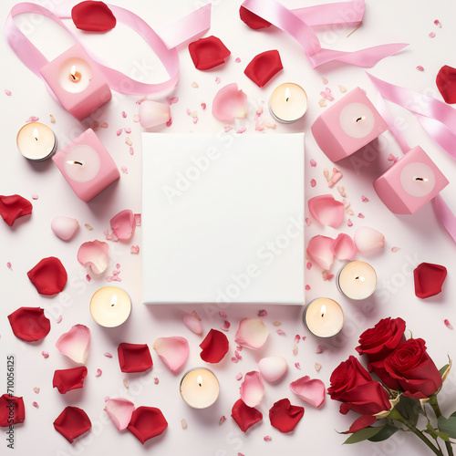 Valentine's Day. Frame made of rose flowers, gifts, candles, confetti on white background. Valentines day background. Flat lay, top view, copy space. Generative AI