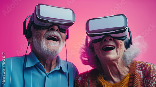Grandma and grandpa using VR headset against pastel color background. Generative AI.