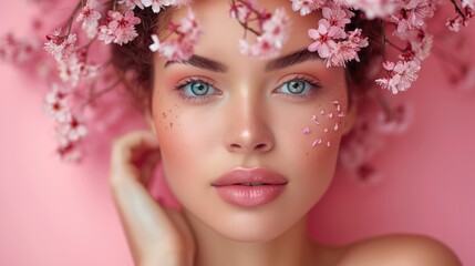 Portrait of woman with flowers over head on pink background. Generative AI.