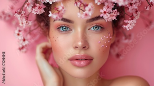 Fototapeta Naklejka Na Ścianę i Meble -  Portrait of woman with flowers over head on pink background. Generative AI.